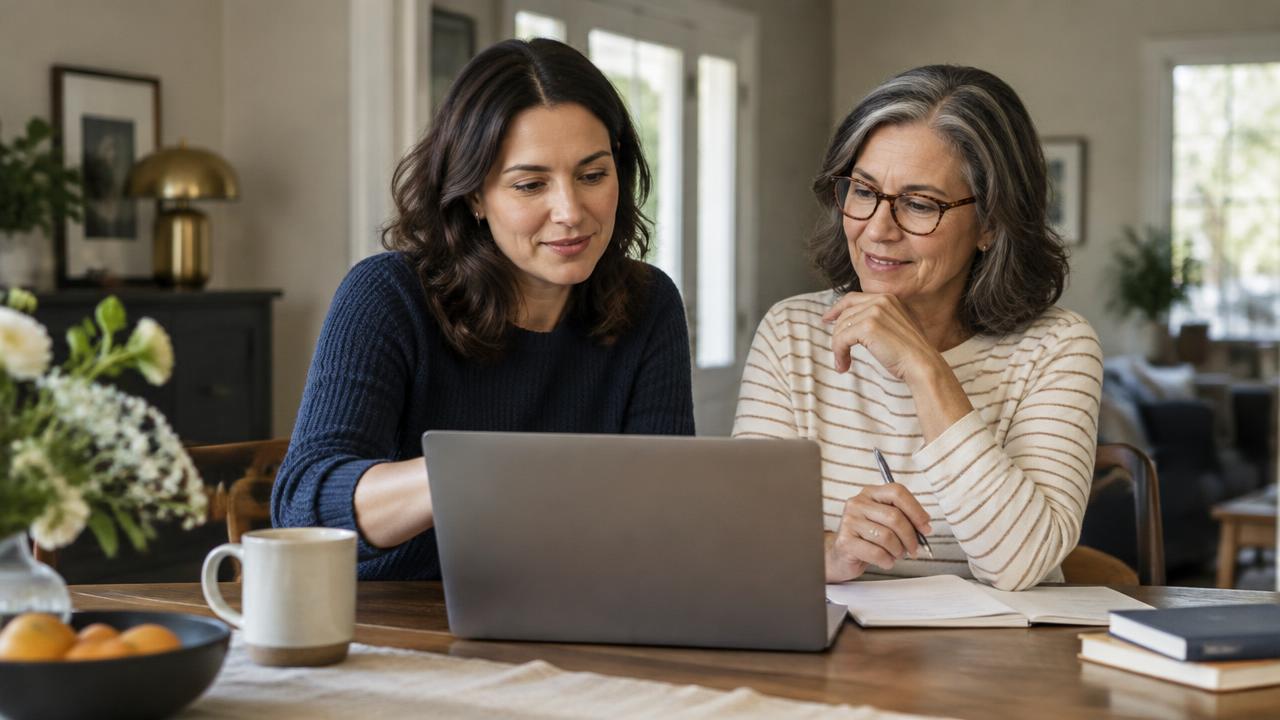 An adult daughter helping her mother organize household information