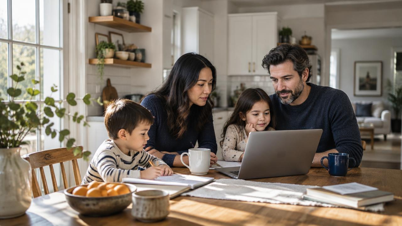 A young family organizing household information together at their kitchen table