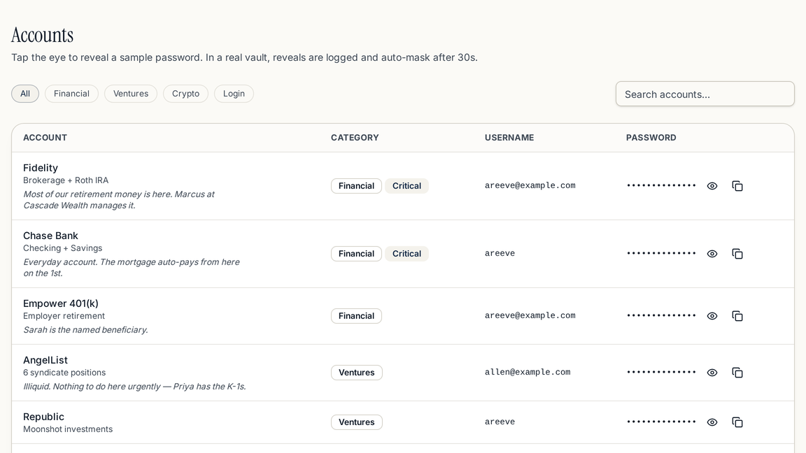 Harbor's Accounts registry showing financial accounts, ventures, crypto and logins with their owners.