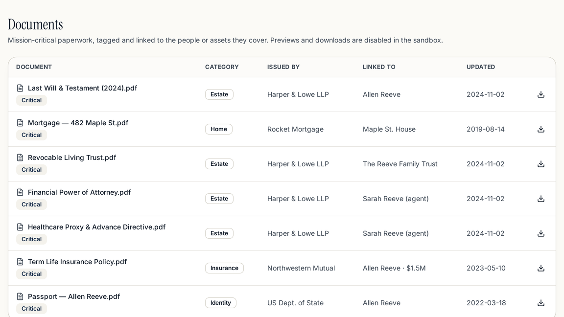 Harbor's Documents screen listing the will, the trust, insurance policies and the property deed.